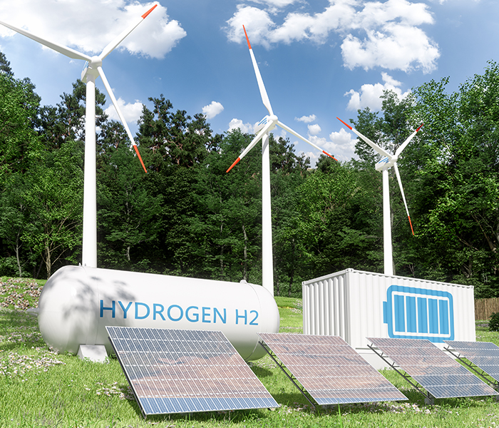 Green hydrogen tank, solar PVs, Storage, Wind